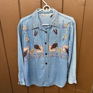 Vintage Passport Fall Leaf Embroidered Button Up Stitching Detail Jean Jacket S